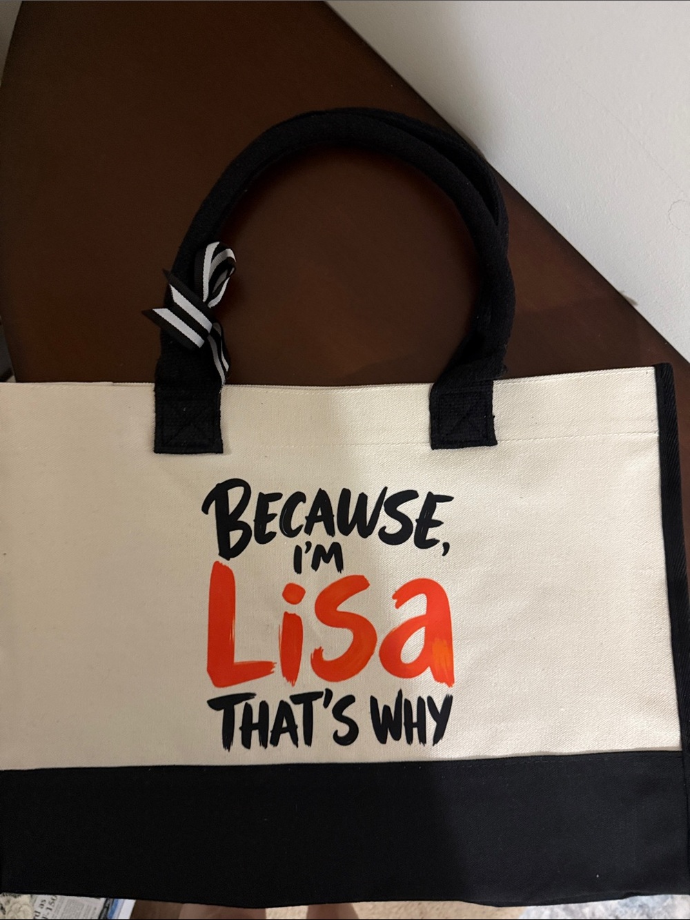 Canvas Tote Bag in Cream and Black with Orange Script